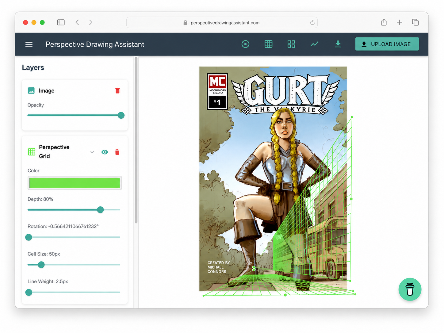 Perspective Drawing Assistant tool interface in a browser mockup